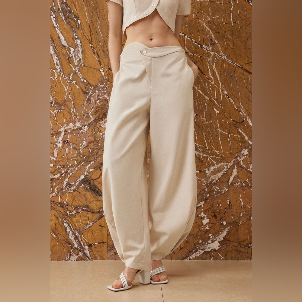 Micas Linen Button Asymmetrical Ruched Barrel Trousers S CC18-5 - Picture 2 of 9